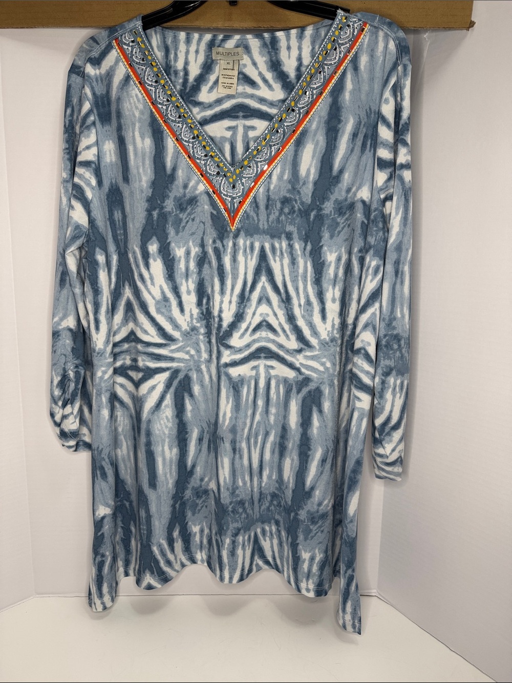 Multiples Blue & White Tie-Dye Tunic with Jeweled V-Neck